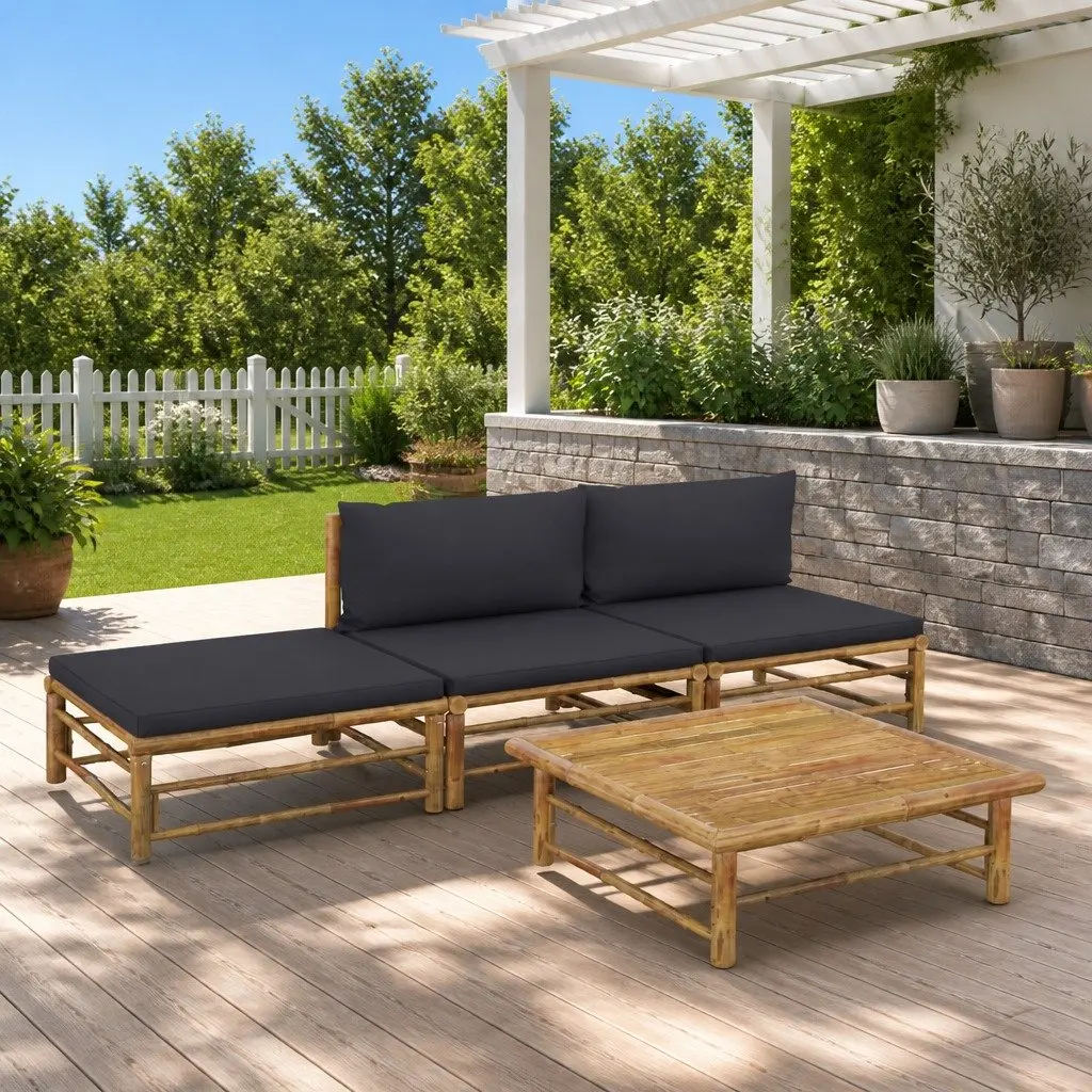 Bamboo Garden Lounge Set Modular Outdoor Furniture 4 Piece Grey Cushions