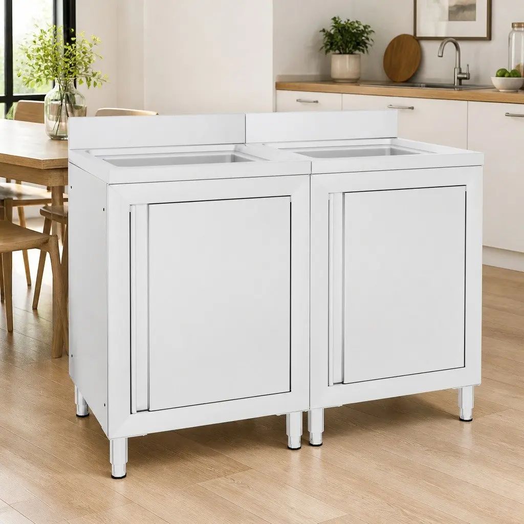 Commercial Kitchen Sink Cabinet Set 2 Pieces Stainless Steel Storage Work Table 60 x 60 x 96 cm