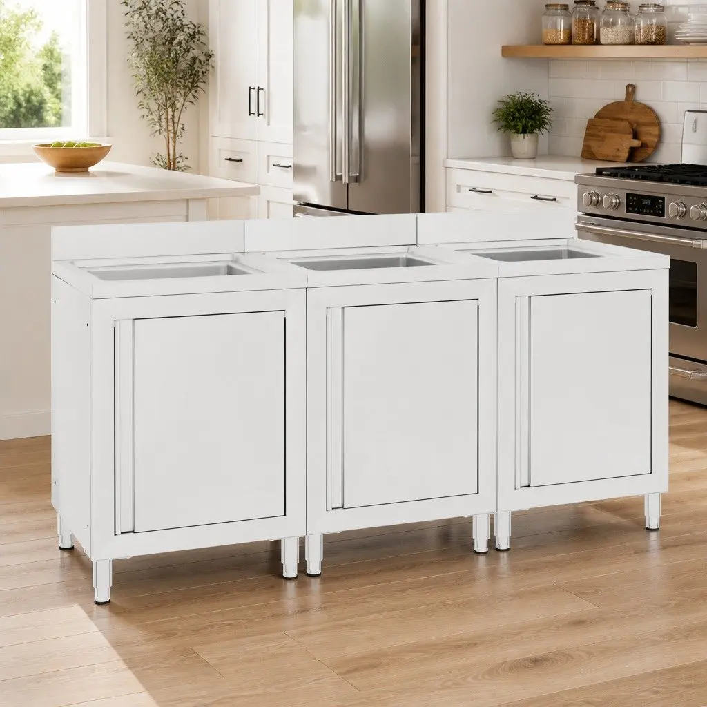 Commercial Kitchen Sink Cabinet 3 Piece Set Stainless Steel Storage Workspace