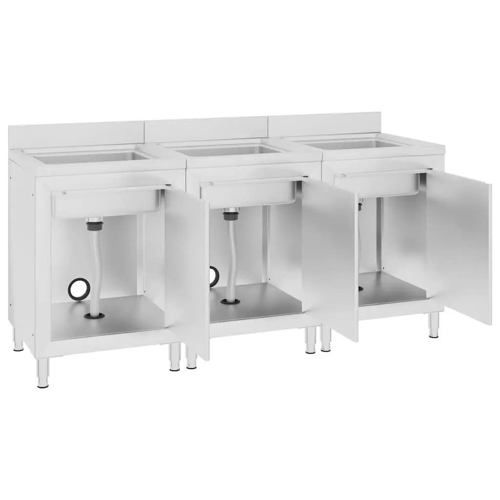 Commercial Kitchen Sink Cabinet Set 3 Piece Stainless Steel Storage Workspace 60 x 60 x 96 cm