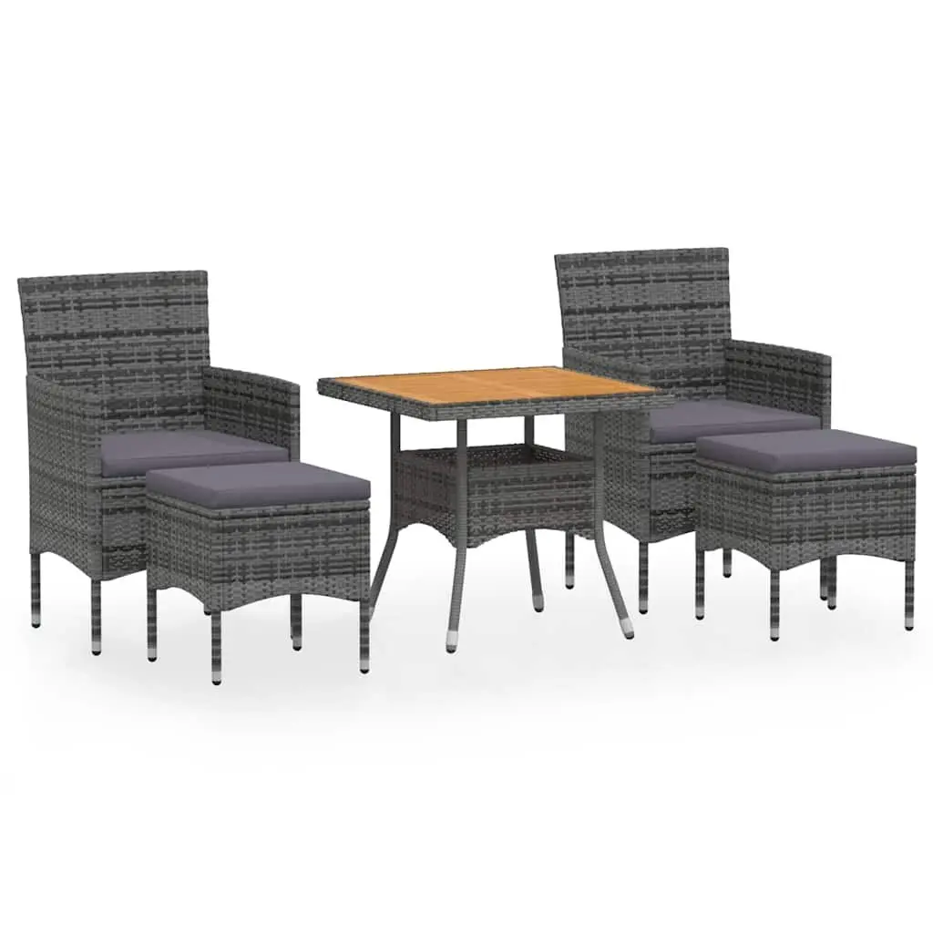 Outdoor Rattan Dining Set 5 Piece Grey Garden Furniture with Acacia Wood Table and Cushioned Chairs