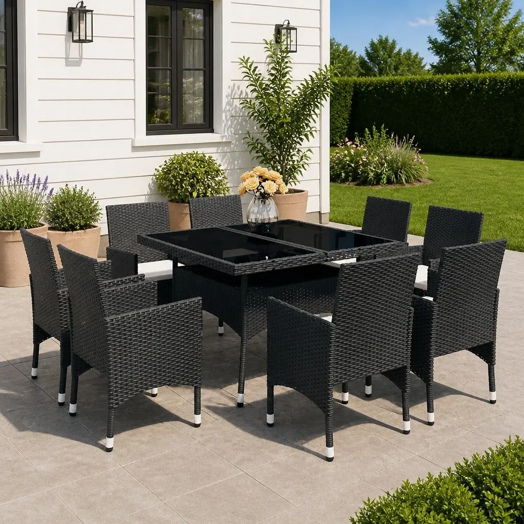 Outdoor Dining Set 9 Piece Garden Patio Table Chairs Glass Top Black Rattan