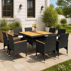 9 Piece Outdoor Dining Set PE Rattan Acacia Wood Black Garden Furniture