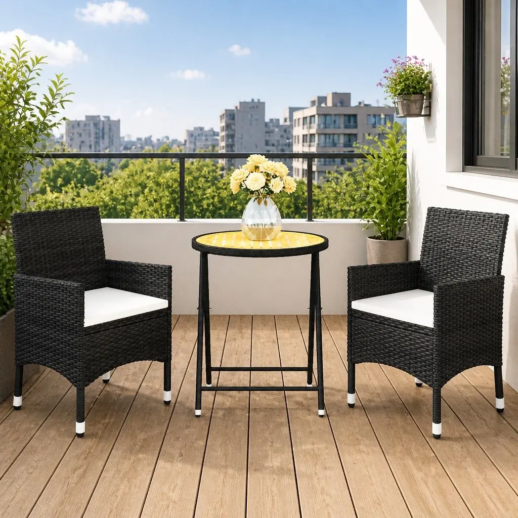 Outdoor Bistro Set 3 Piece Rattan Chairs and Table Black for Small Spaces