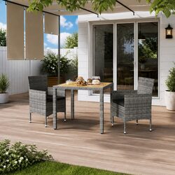 Garden Dining Set 3 Piece Outdoor Table Chairs PE Rattan Acacia Wood Grey