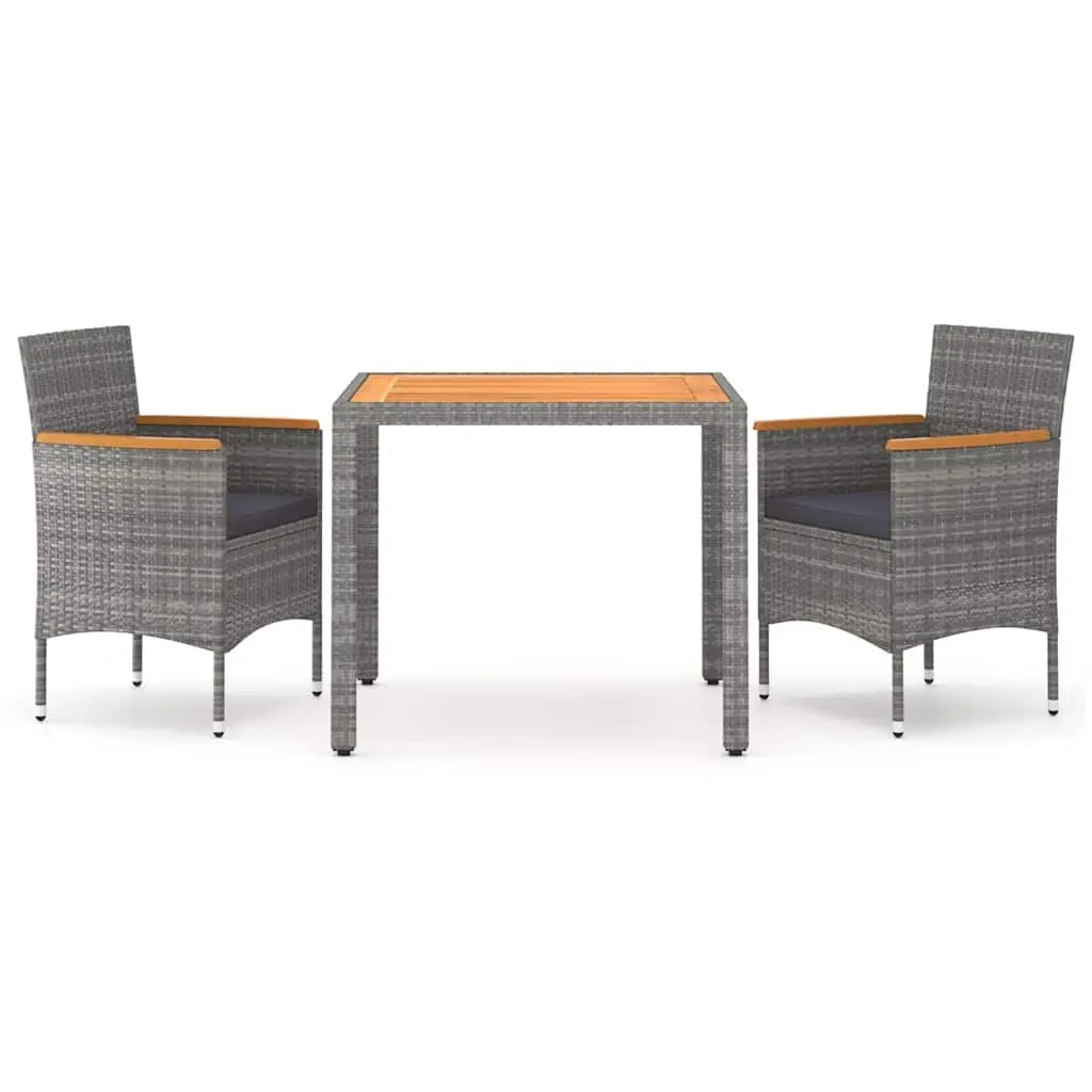 Garden Dining Set 3 Piece Outdoor Furniture Grey Rattan Acacia Wood Table Chairs
