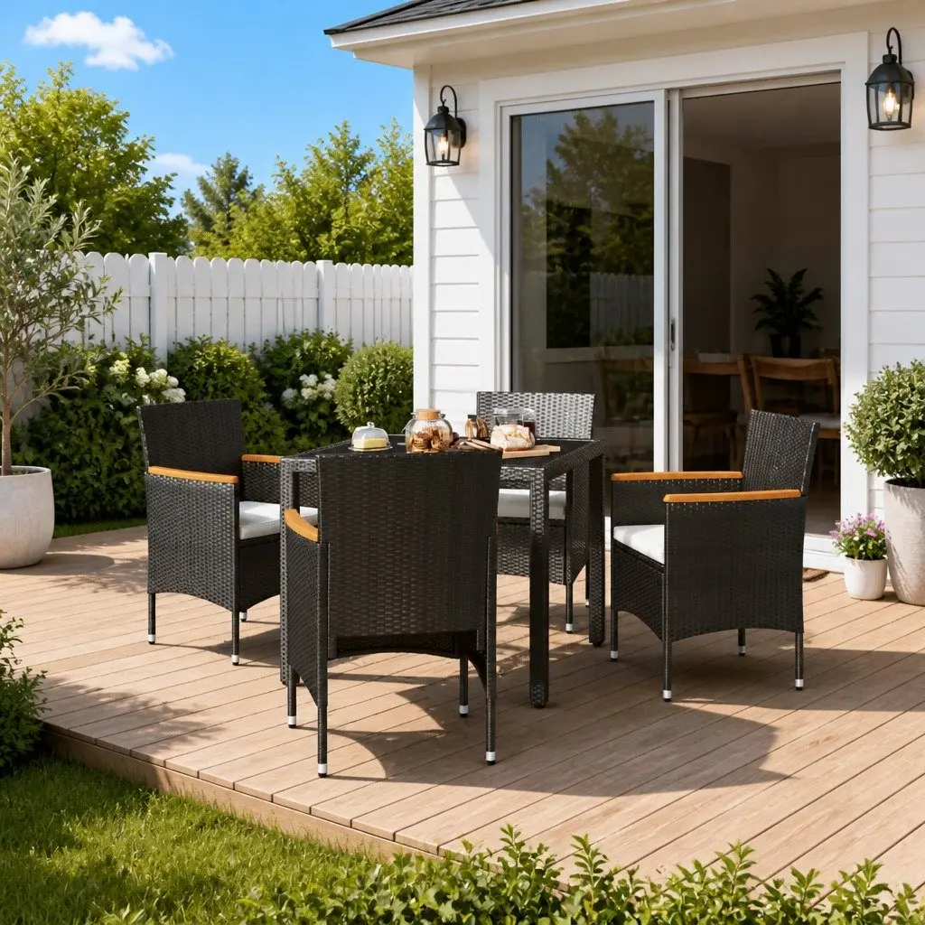 Garden Dining Set 5 Piece Outdoor Furniture Black Rattan Chairs Table Glass Top