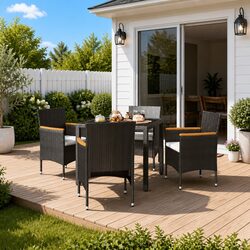 Garden Dining Set 5 Piece Black Outdoor Furniture Rattan Chairs Table Glass Top