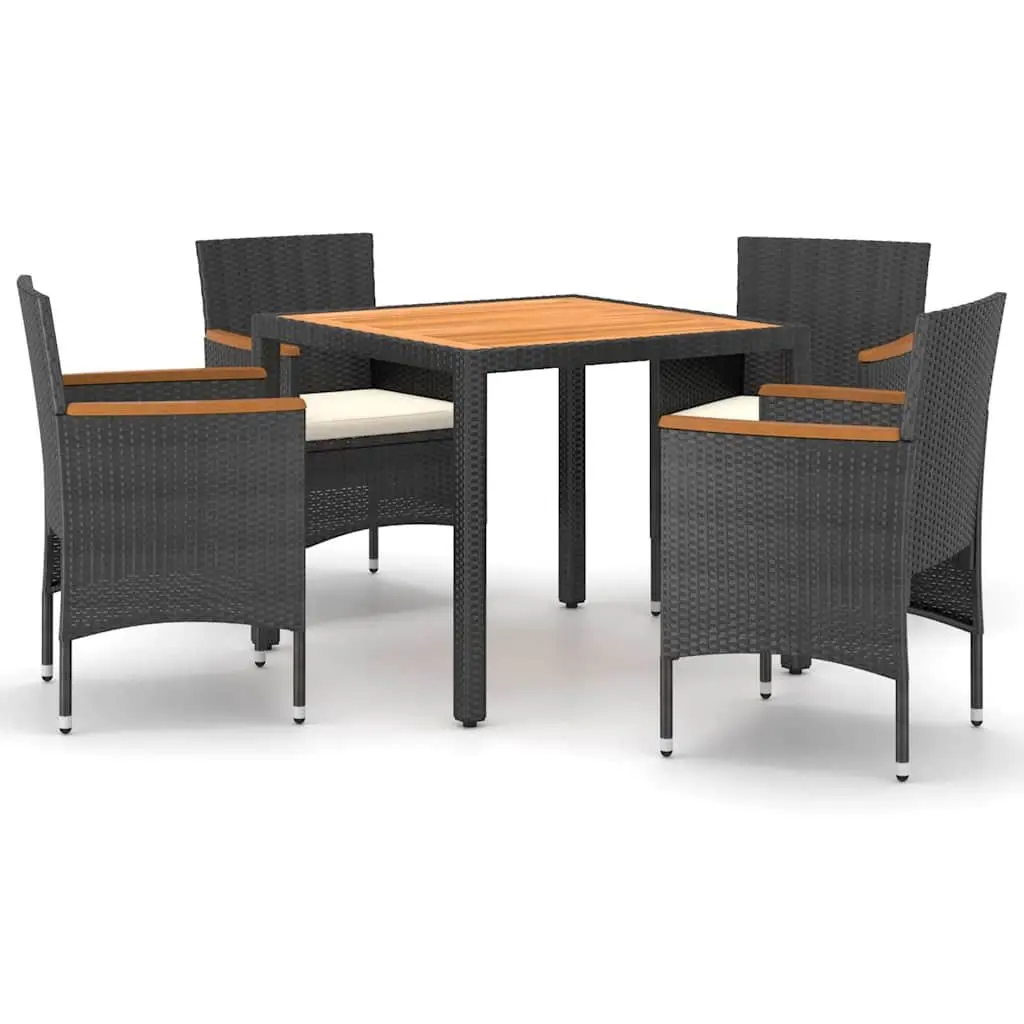 Outdoor Dining Set 5 Piece Black PE Rattan Acacia Wood Table and Chairs Curved Backrest Cushions Lightweight Portable