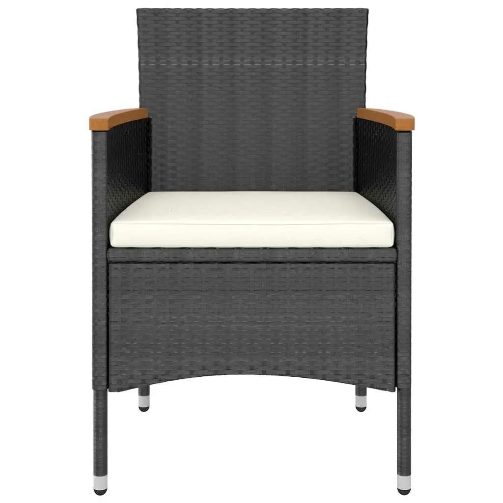 Outdoor Dining Set 5 Piece Black PE Rattan Acacia Wood Table and Chairs Curved Backrest Cushions Lightweight Portable