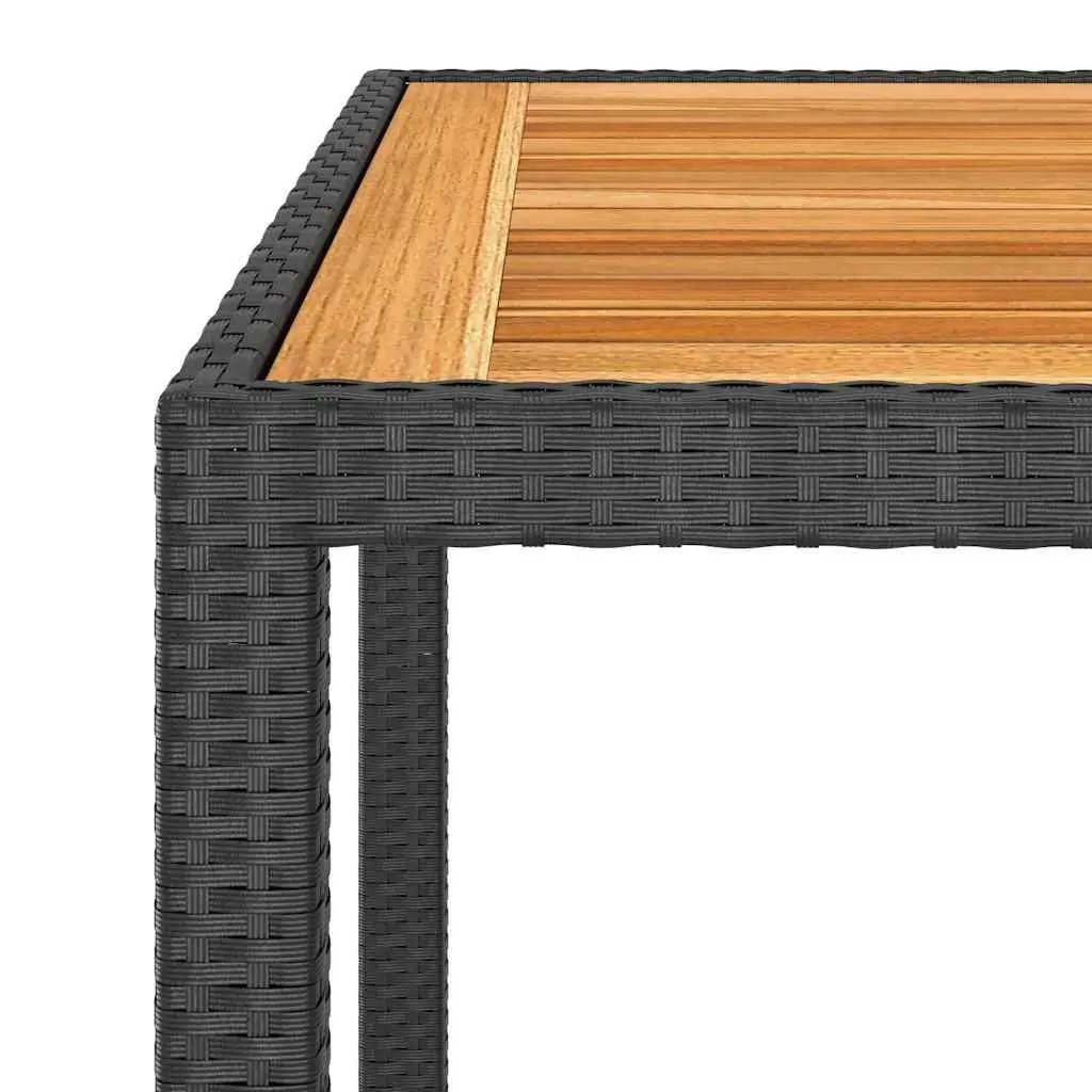 Outdoor Dining Set 5 Piece Black PE Rattan Acacia Wood Table and Chairs Curved Backrest Cushions Lightweight Portable