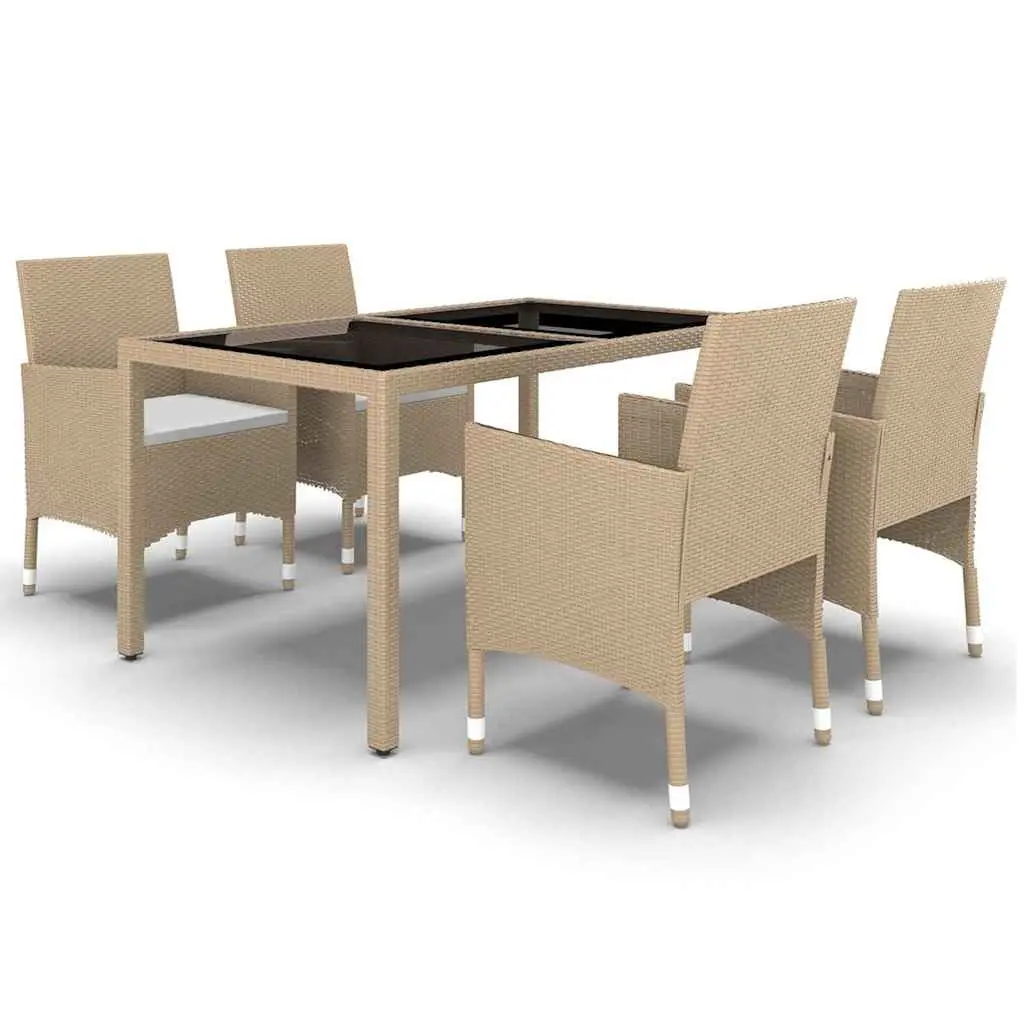 Outdoor Patio Furniture Set 5 Piece Dining Table and Chairs with Tempered Glass Top and Beige PE Rattan for Garden Use