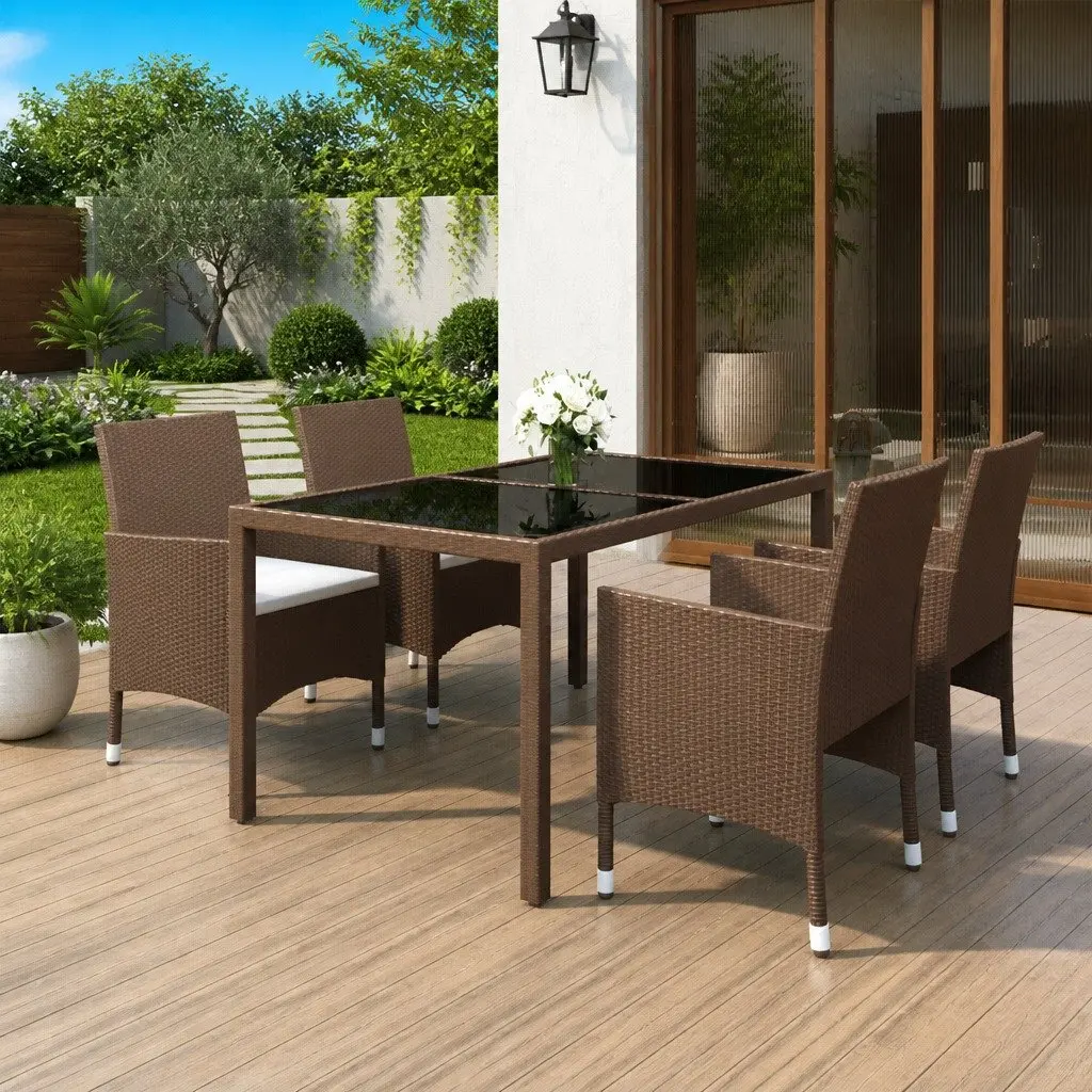 5 Piece Garden Dining Set Outdoor Patio Furniture Brown PE Rattan Glass Table Chairs