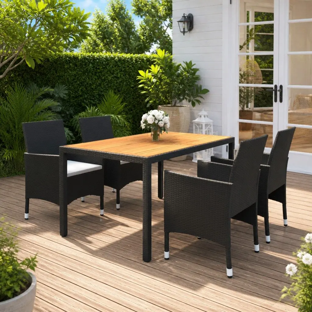 5 Piece Garden Dining Set Outdoor Patio Table Chairs Black PE Rattan Steel Frame