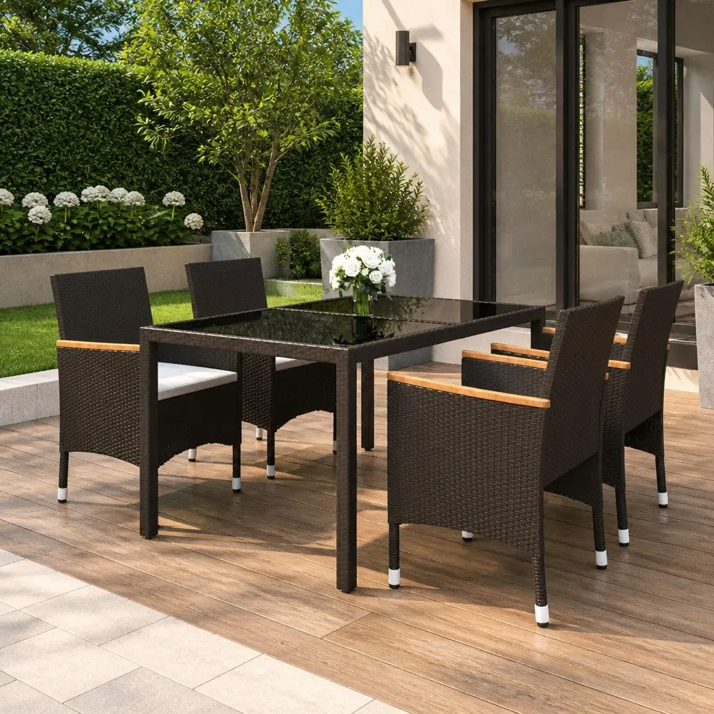 5 Piece Outdoor Garden Dining Set Black Poly Rattan Tempered Glass Table Chairs