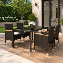 5 Piece Outdoor Garden Dining Set Poly Rattan Tempered Glass Table Chairs Black