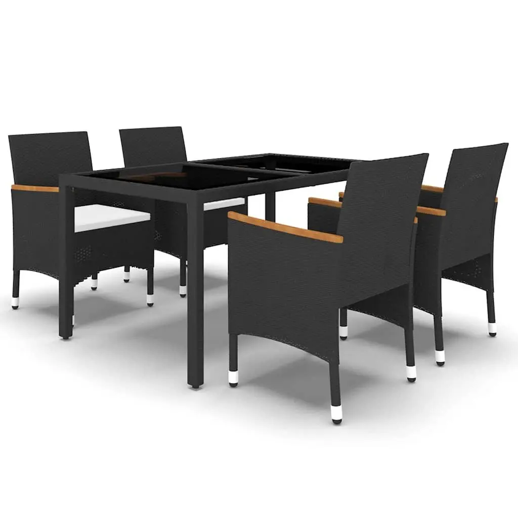 5 Piece Outdoor Garden Dining Set Black Poly Rattan Tempered Glass Table Chairs