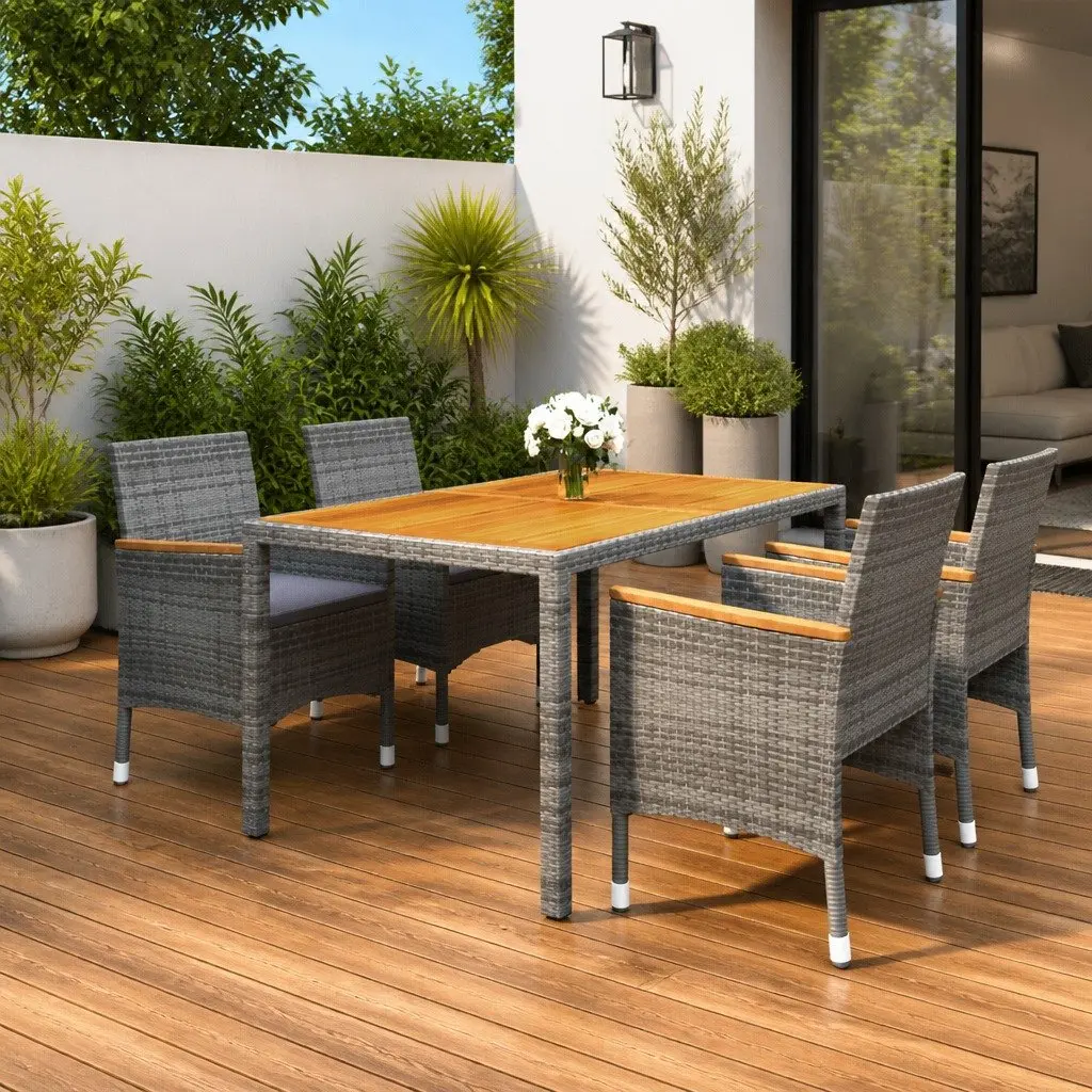 5 Piece Garden Dining Set Outdoor Dining Patio Table Grey PE Rattan Steel Frame Acacia Wood