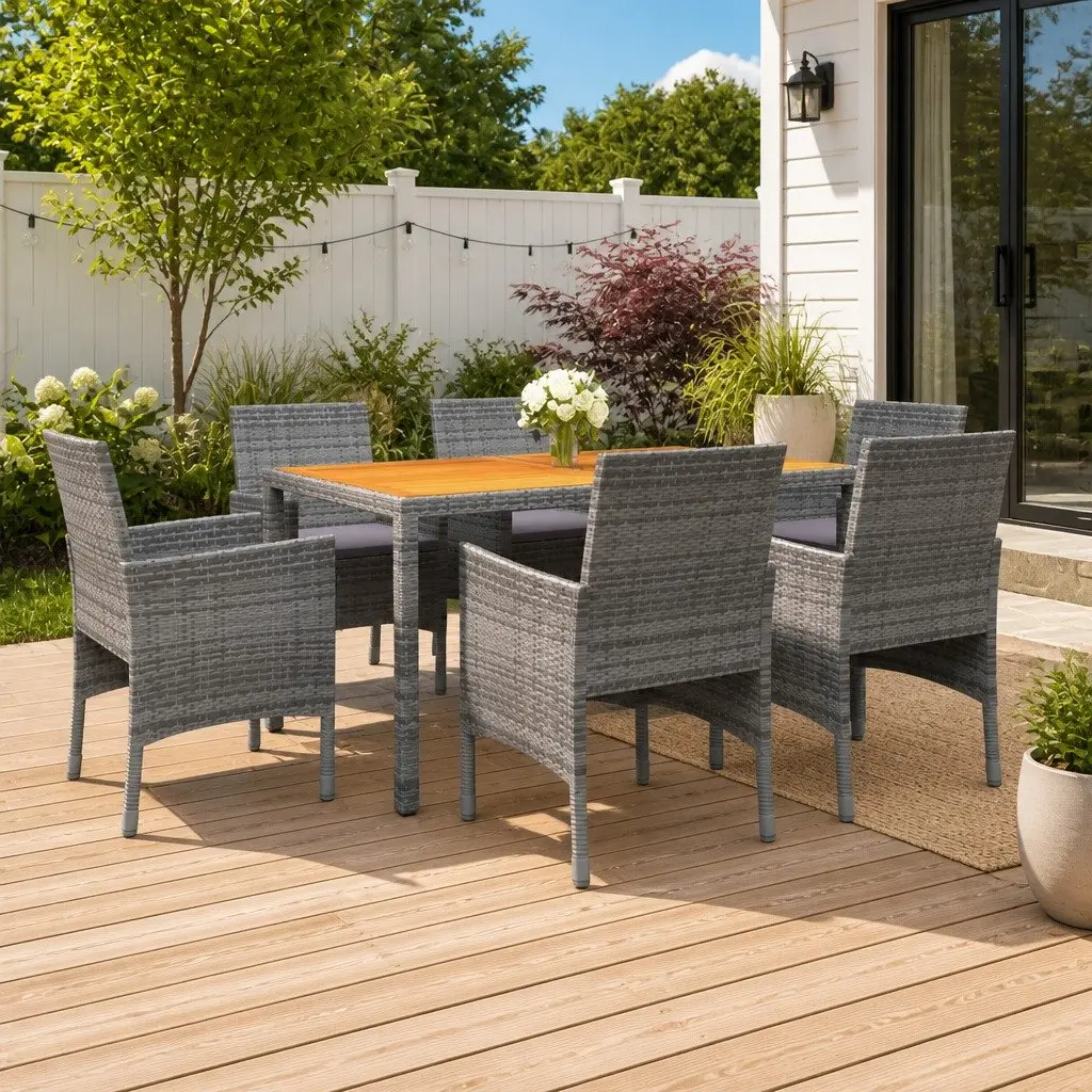 7 Piece Garden Dining Set Outdoor Patio Furniture Grey Rattan Table Chairs