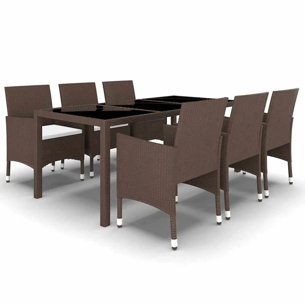 7 Piece Garden Dining Set Outdoor Patio Furniture Brown Poly Rattan Tempered Glass Table Chairs