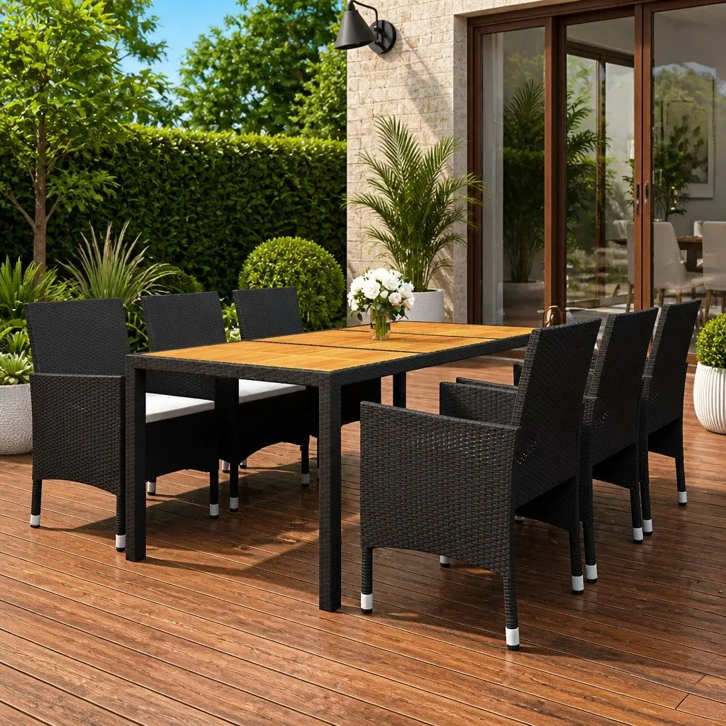 Garden Dining Set 7 Piece Outdoor Patio Black Rattan Chairs Acacia Wood Table