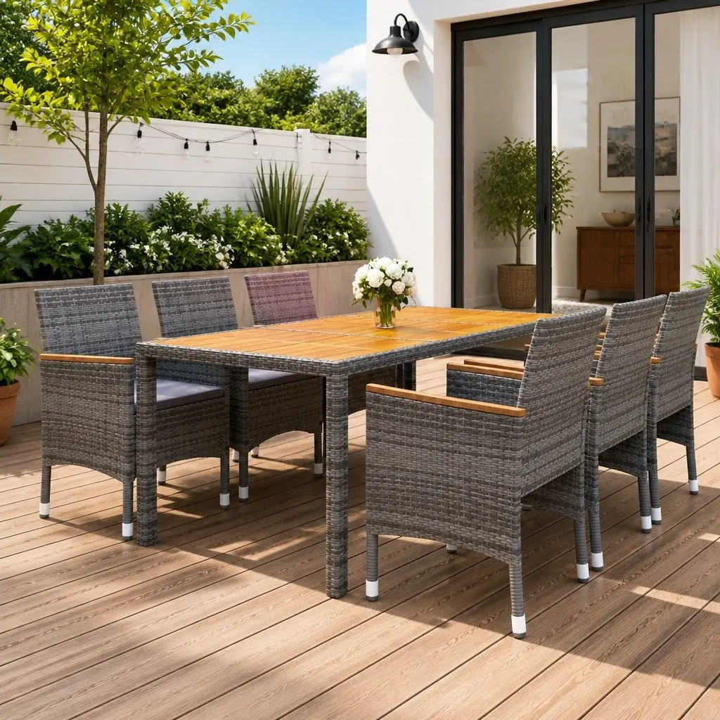 7 Piece Outdoor Dining Set Garden Patio Table Chairs Grey PE Rattan