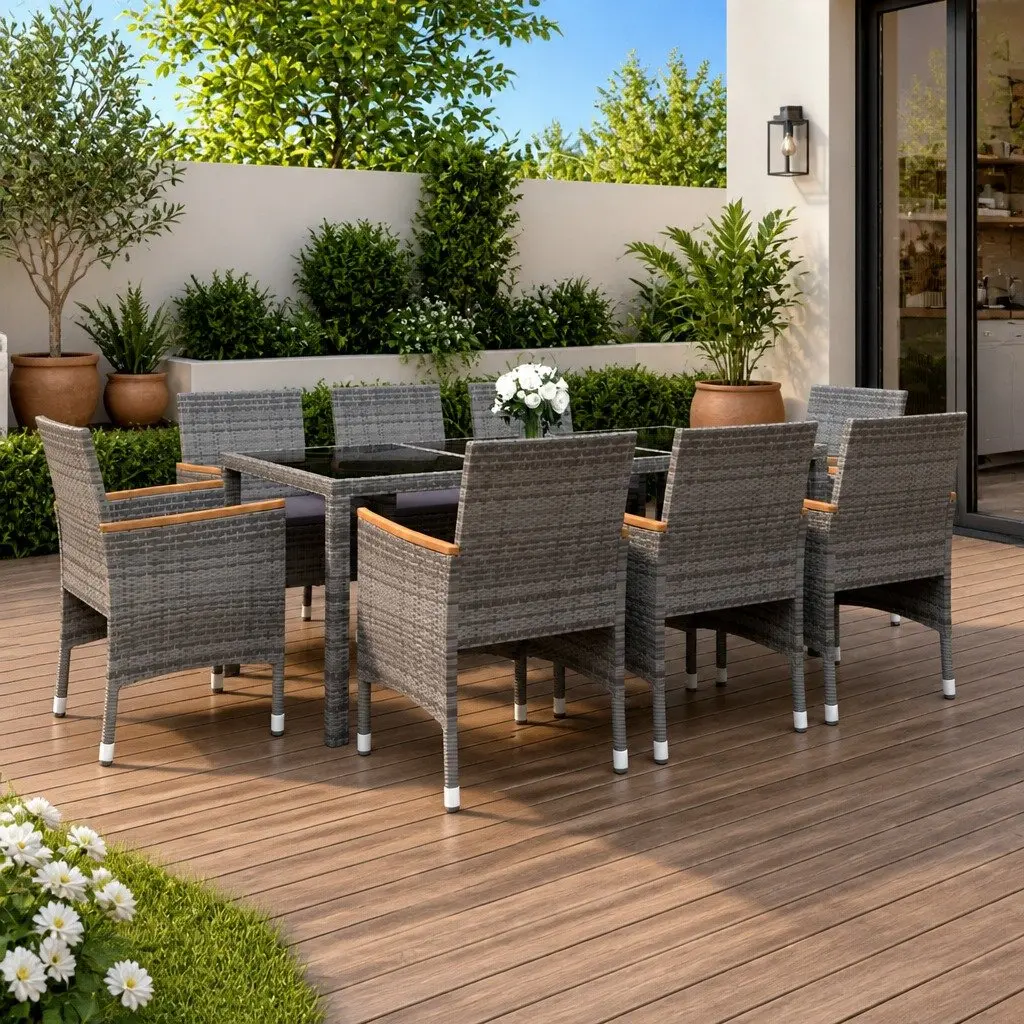 9 Piece Garden Dining Set Grey Poly Rattan Patio Furniture with Tempered Glass