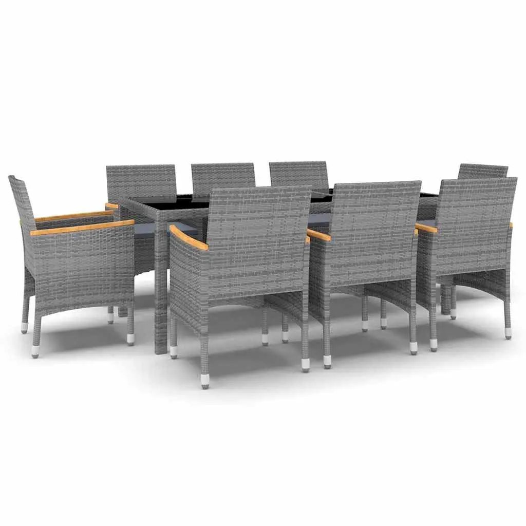 9 Piece Garden Dining Set Grey Poly Rattan Patio Furniture with Tempered Glass