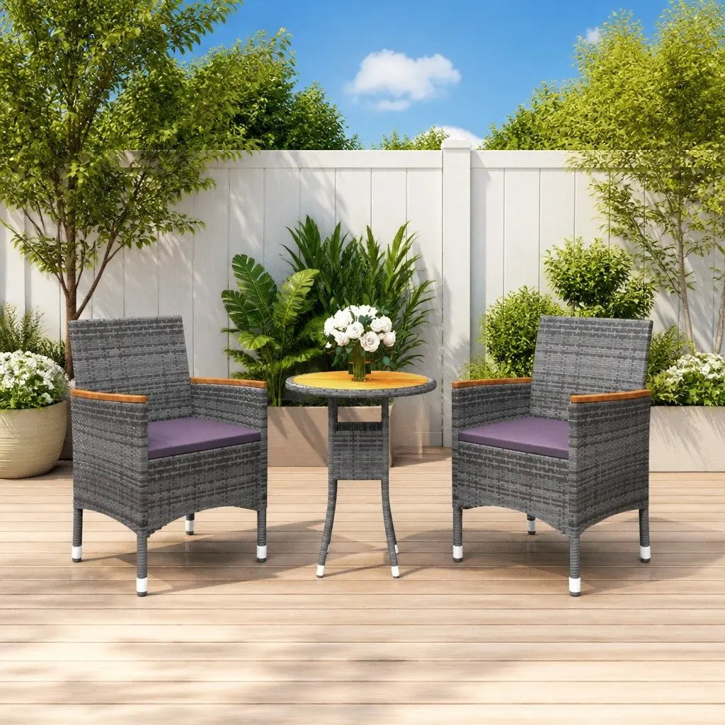 Garden Dining Set 3 Piece Outdoor Patio Furniture PE Rattan Steel Frame Grey