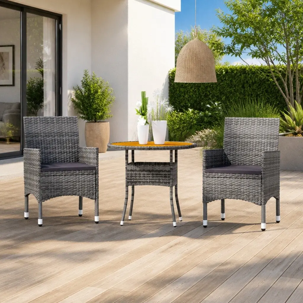 Garden Dining Set 3 Piece Outdoor Furniture Poly Rattan Steel Frame Acacia Wood Grey