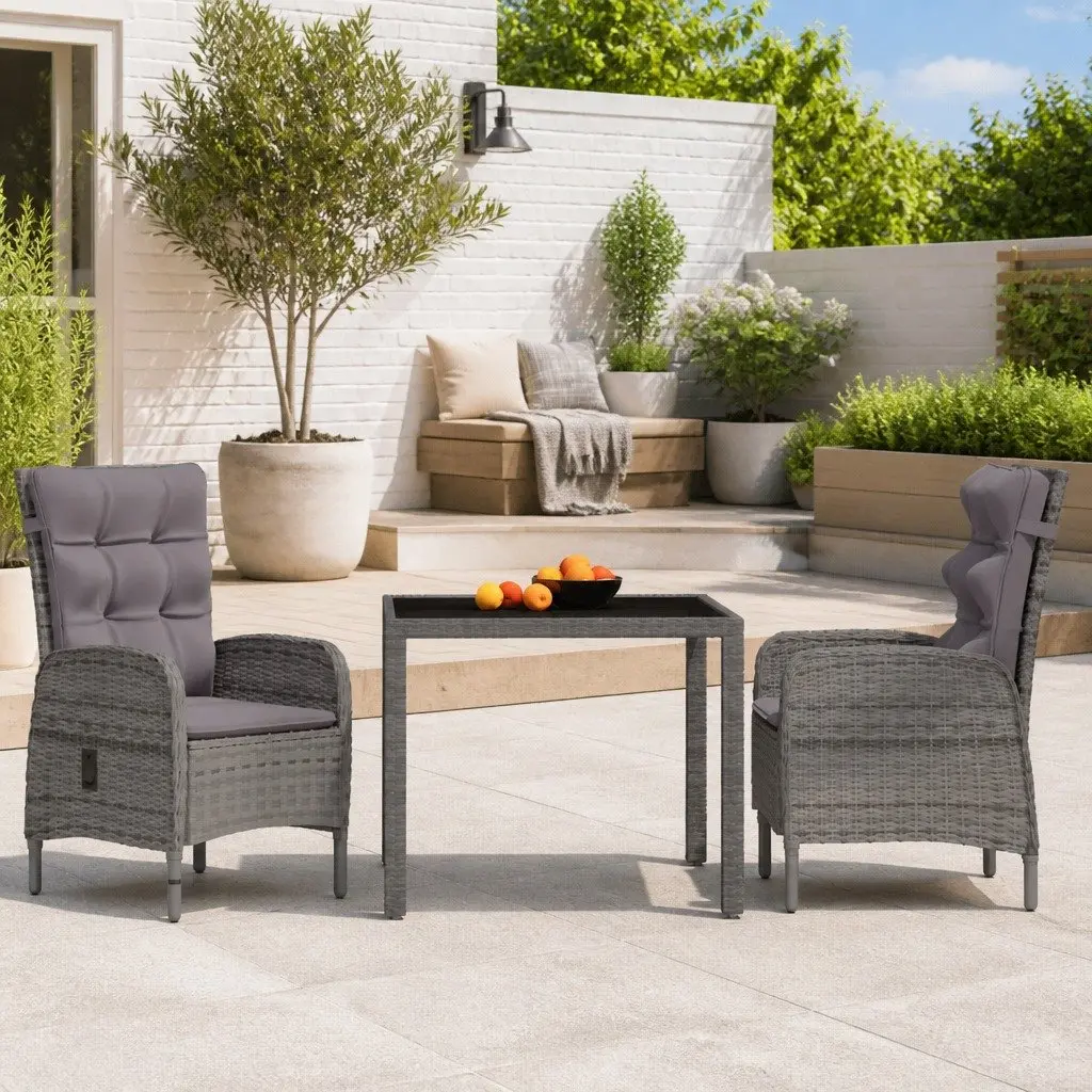 Garden Dining Set Outdoor Furniture 3 Piece Grey Rattan Steel Chairs Table