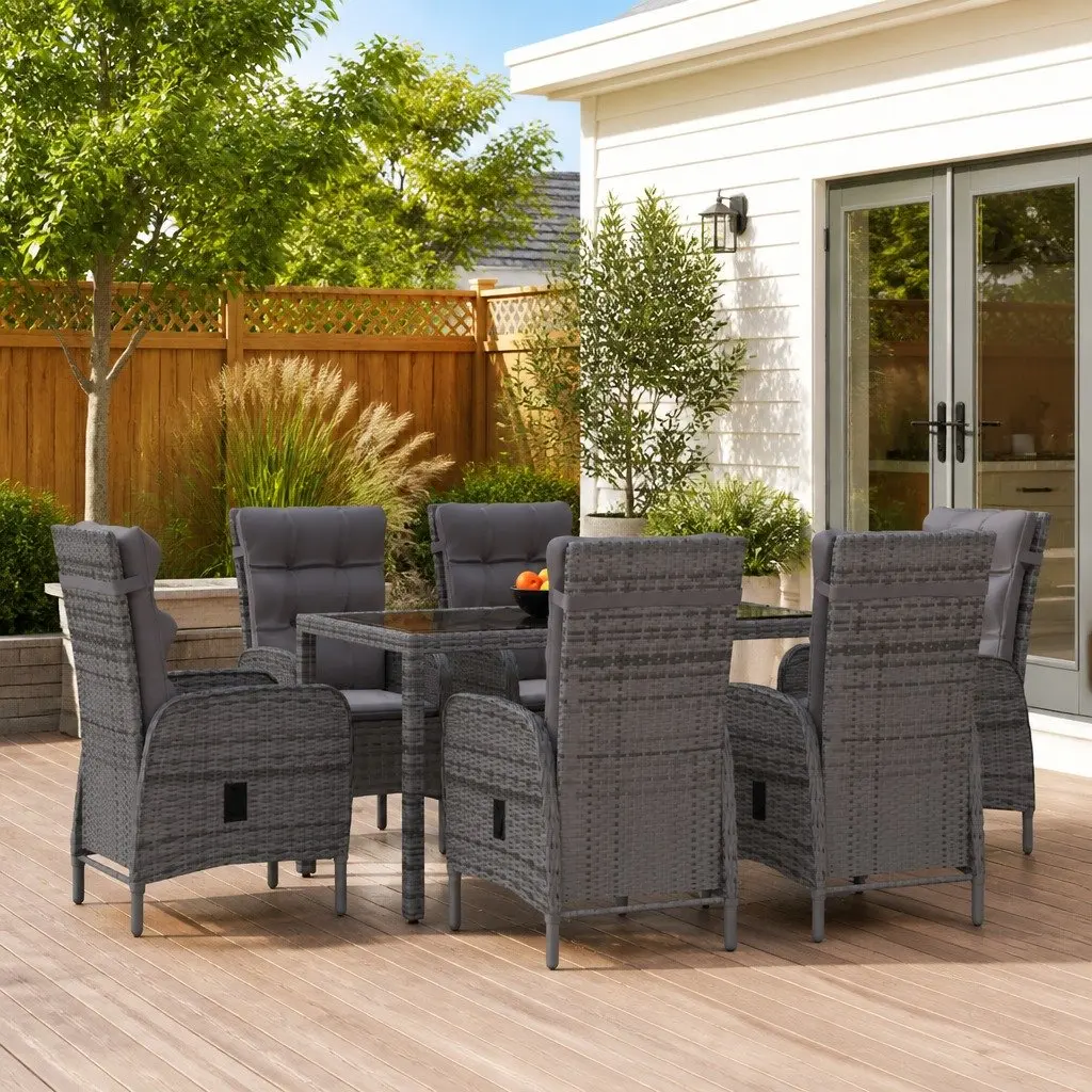 7 Piece Garden Dining Set Outdoor Furniture Grey Steel Frame Glass Table PE Rattan