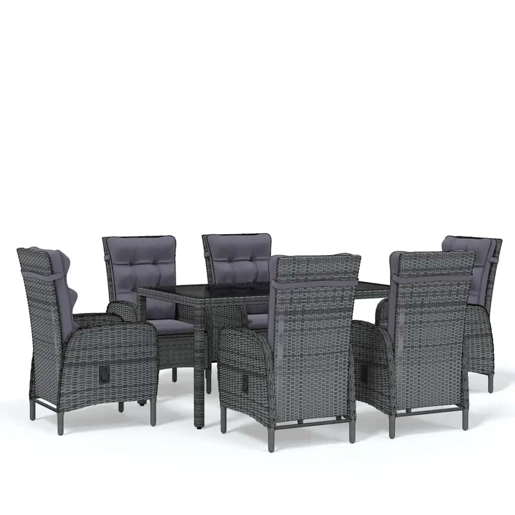 7 Piece Garden Dining Set Outdoor Furniture Grey Steel Frame Glass Table PE Rattan