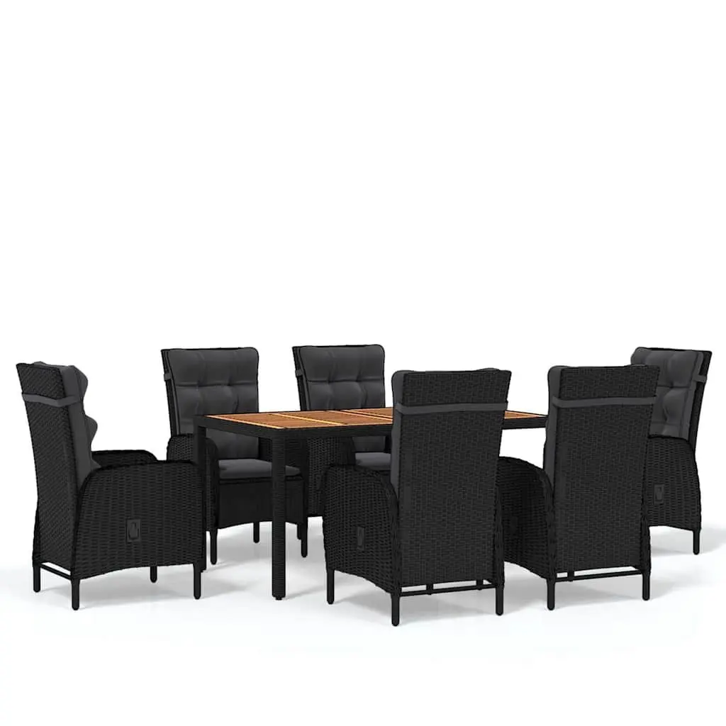 Outdoor Dining Set 7 Piece Patio Furniture Black PE Rattan Steel Frame Acacia Wood Table