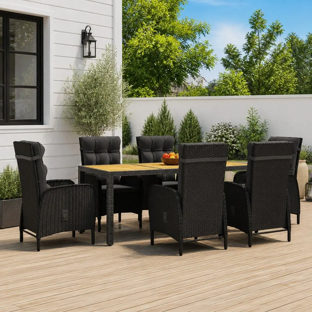 7 Piece Patio Dining Set Rattan Chairs Table Black Outdoor Furniture