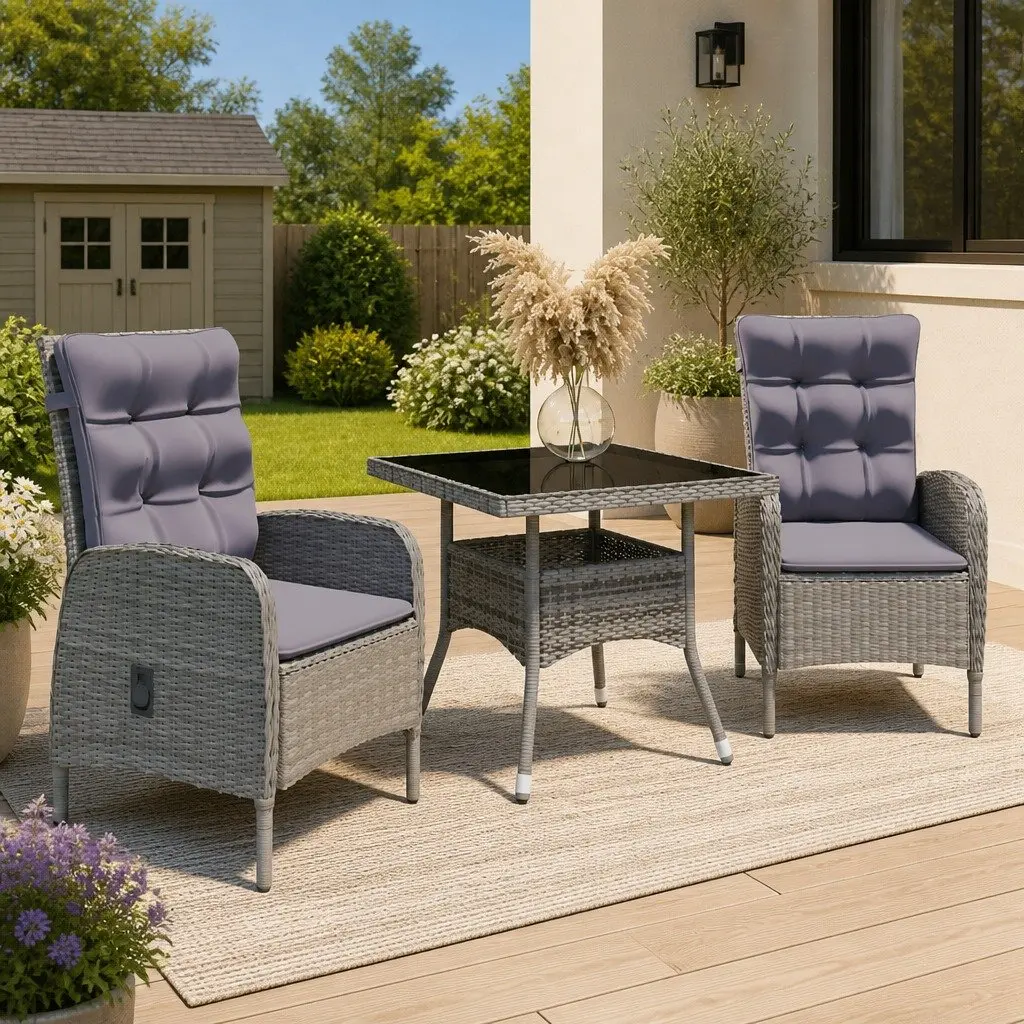 Garden Dining Set Outdoor Patio Furniture 3 Piece Grey Poly Rattan Glass Table