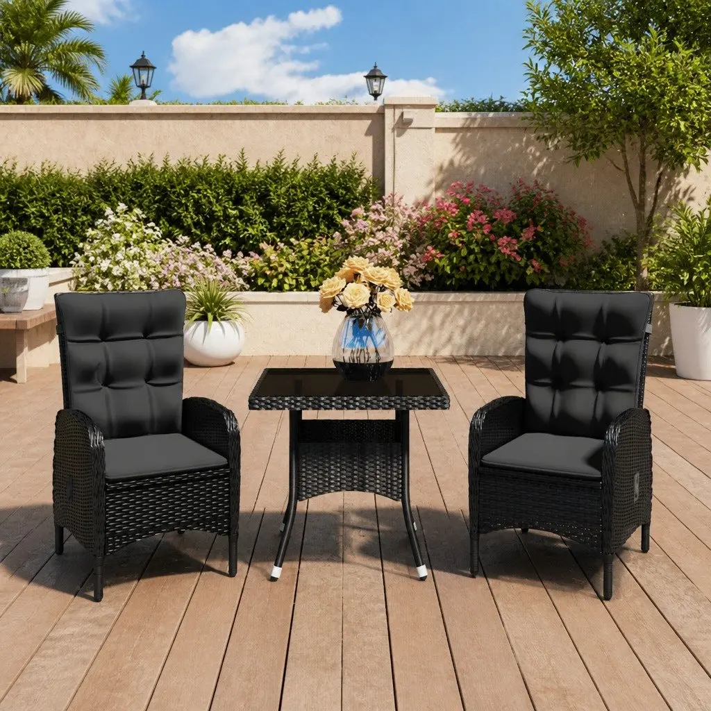 Outdoor Dining Set 3 Piece Garden Furniture Black Poly Rattan Glass Table Chairs