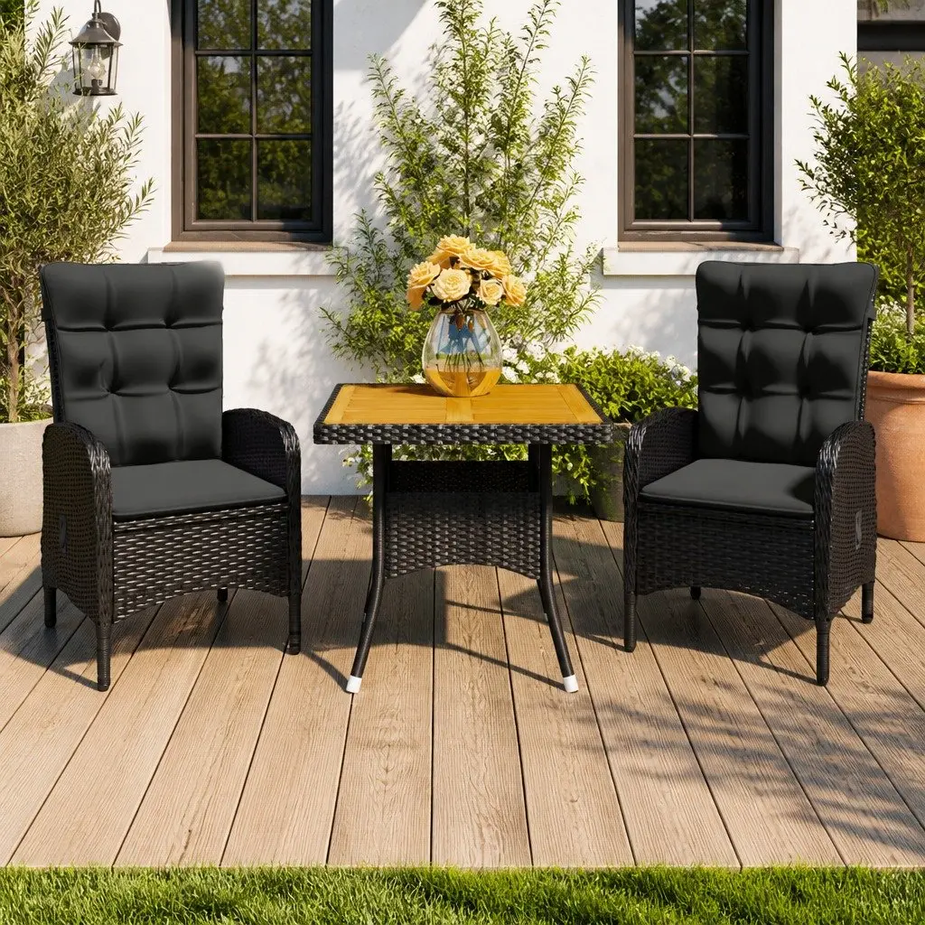 3 Piece Garden Furniture Set Outdoor Dining Poly Rattan Acacia Wood Black