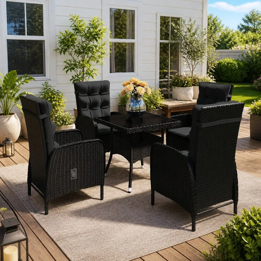 5 Piece Outdoor Dining Set Black Poly Rattan Glass Table