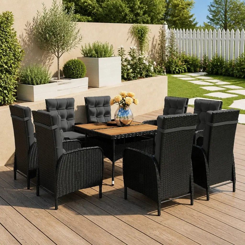 Outdoor Furniture Set 9 Piece Dining Patio Chairs Table Black Rattan