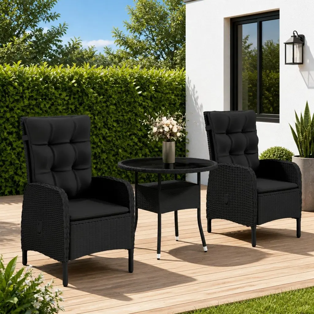 3 Piece Garden Bistro Set Outdoor Furniture Black Poly Rattan Chairs Table