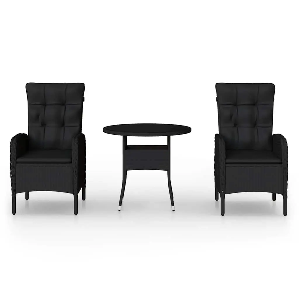 3 Piece Garden Bistro Set Outdoor Furniture Black Poly Rattan Chairs Table