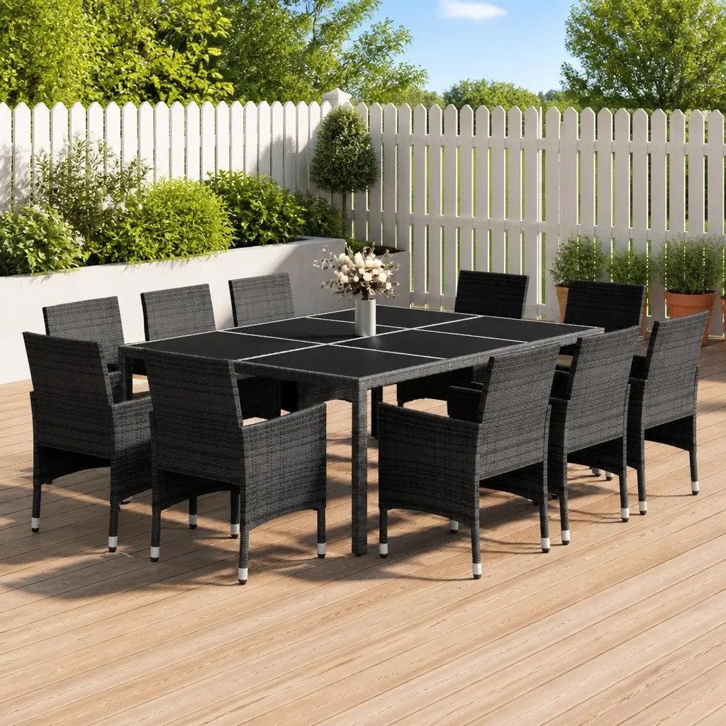 Outdoor Dining Furniture Set 11 Piece Grey Patio Table and Chairs with Cushions Steel Frame PE Rattan