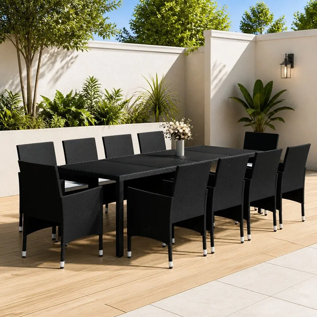 Outdoor Patio Furniture Set Dining 11 Piece Steel PE Rattan Black