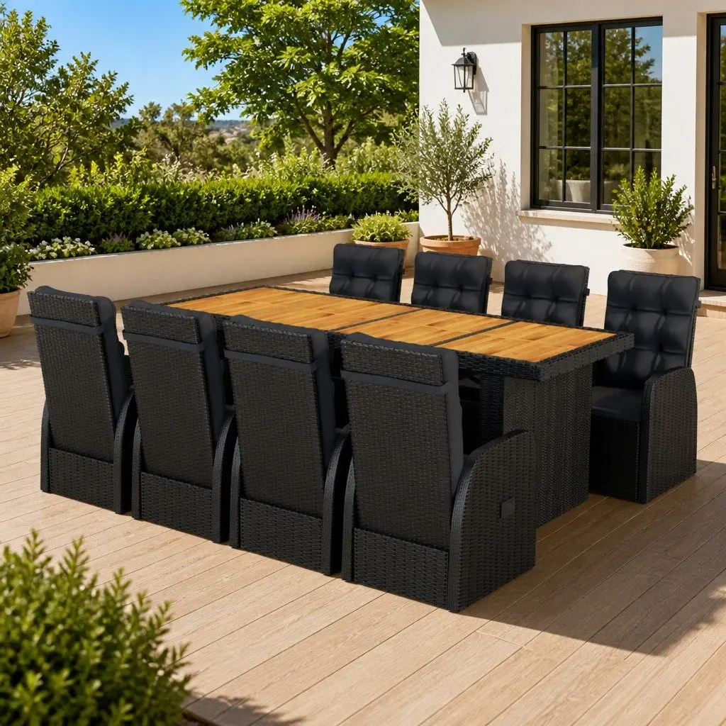 Outdoor Dining Set 9 Piece Garden Furniture Black Poly Rattan with Cushions