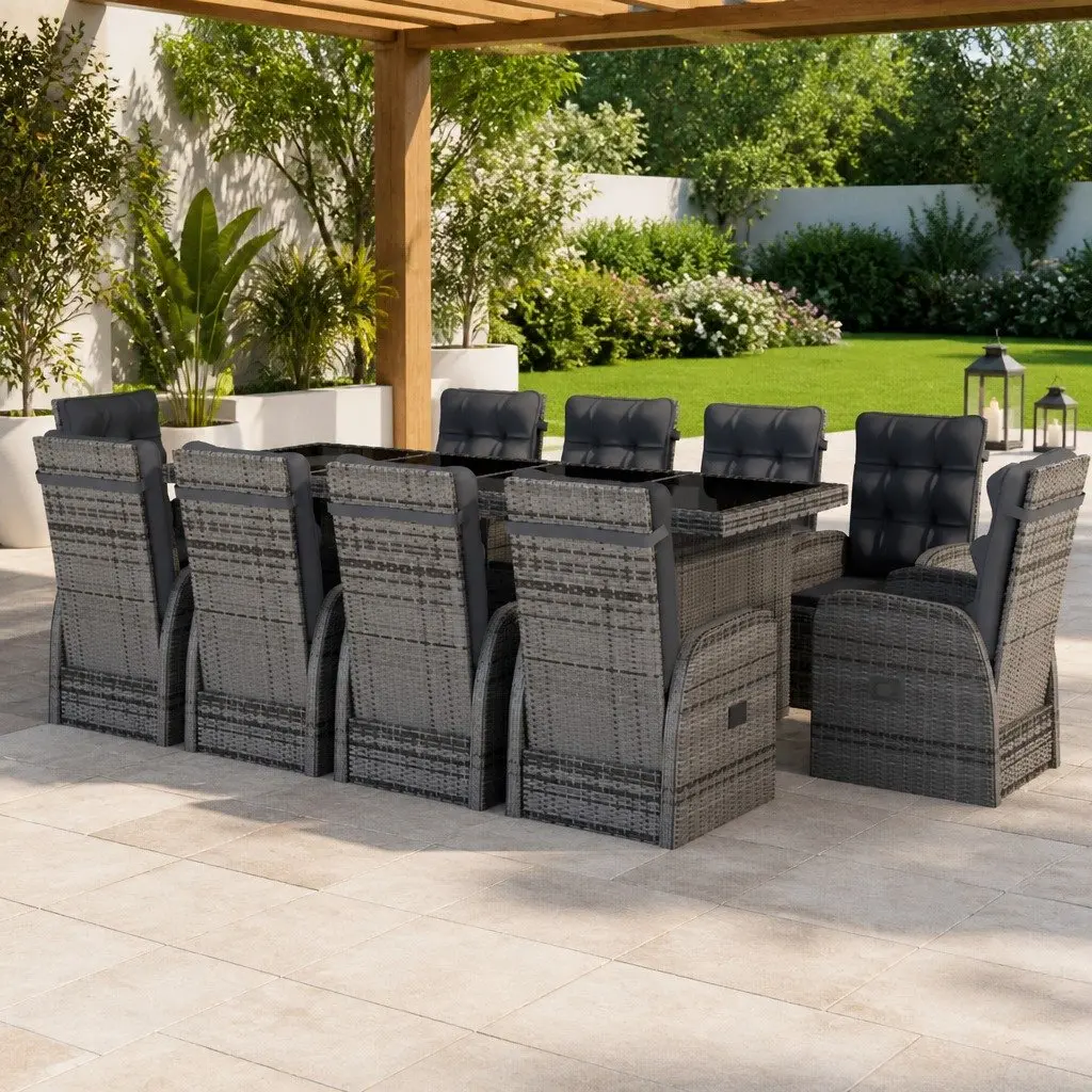 11 Piece Grey Garden Furniture Set for Outdoor Dining with Cushions Poly Rattan and Steel Frame