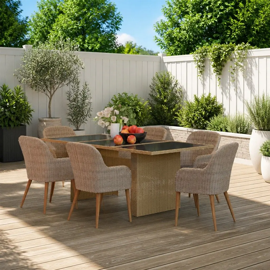 Outdoor Garden Dining Set 7 Piece Patio Furniture Poly Rattan Brown Table Chairs