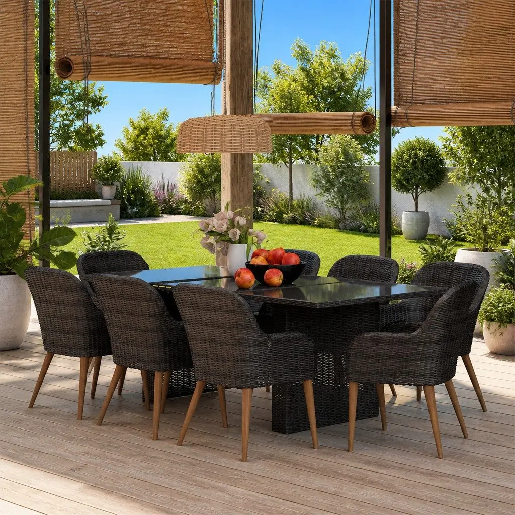 Garden Dining Set 9 Piece Outdoor Patio Furniture Rattan Chairs Glass Table Black