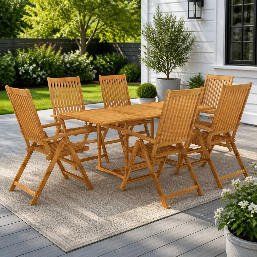 7 Piece Garden Dining Set Teak Wood Outdoor Patio Furniture Adjustable Brown