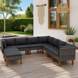 Garden Lounge Set 9 Piece Outdoor Furniture Grey Poly Rattan Sofa Cushions
